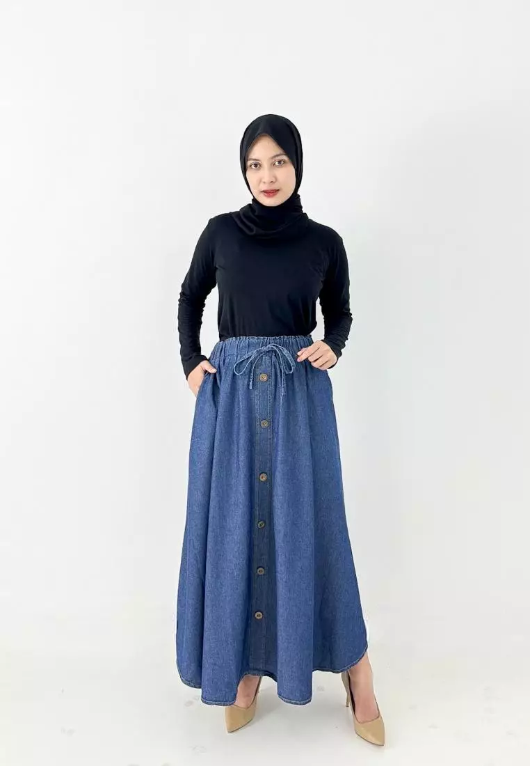 Vanya Denim Flare Skirt (Rok Panjang Muslim Wanita A-Line) Fit BB 95 kg