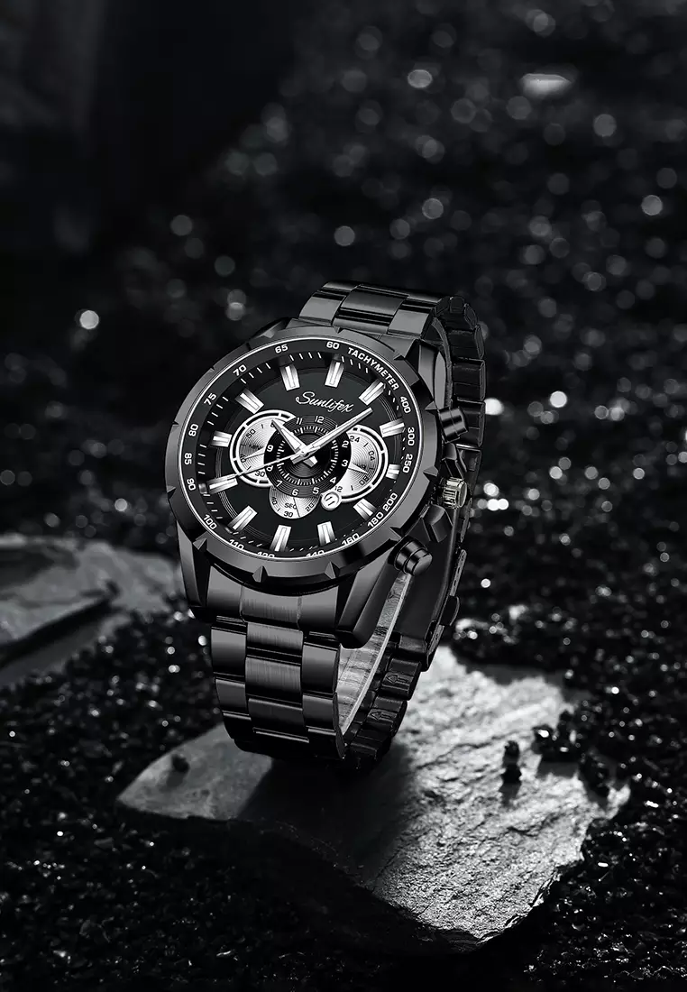 Jam Tangan Pria 3351 Kalender Kuarsa Jam Tangan Cowok Santai Tali Stainless Steel Original allblack