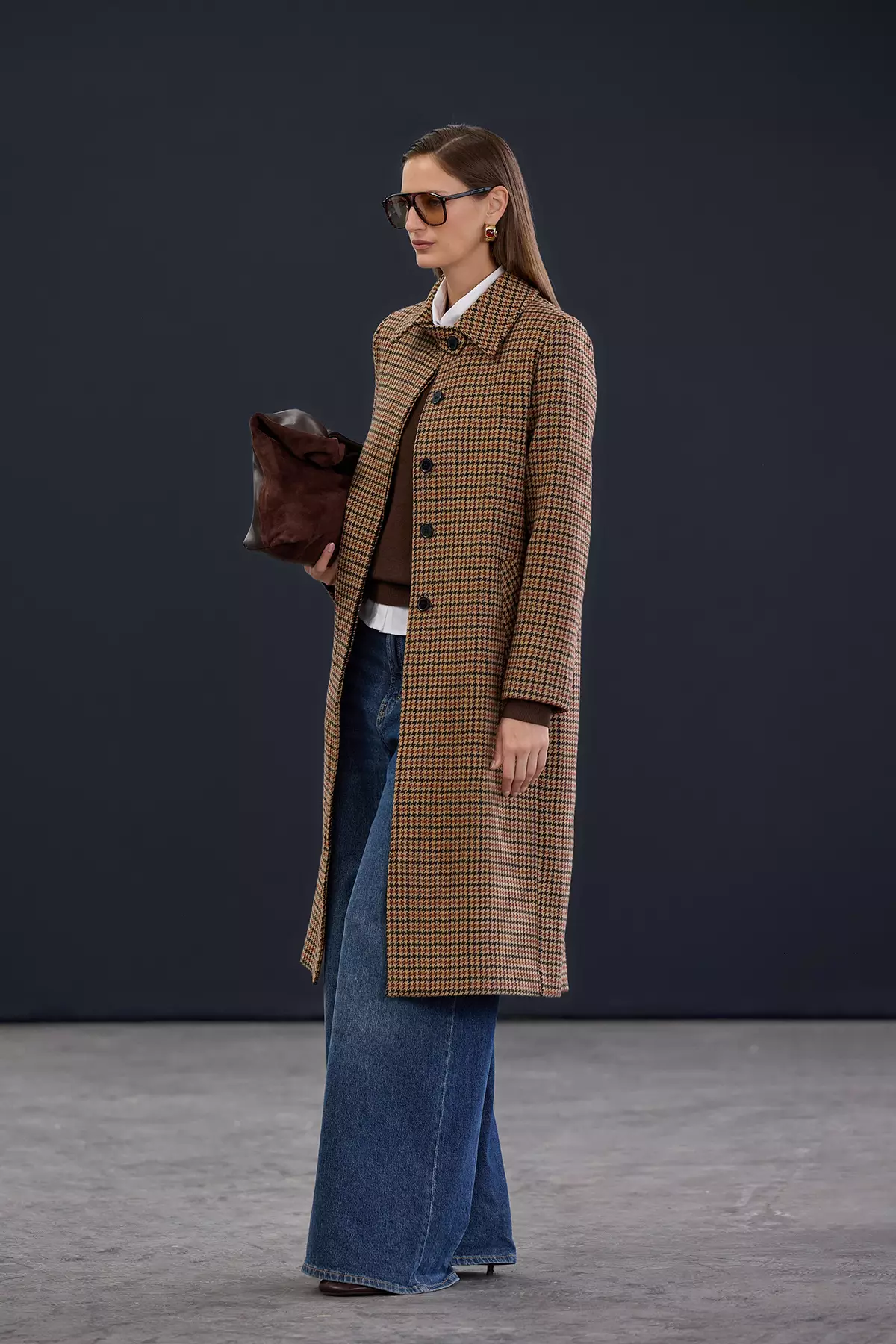Trendyol Studio Beige Houndstooth Mono Closure Regular Long Cashmere Coat Twoaw26Kb65