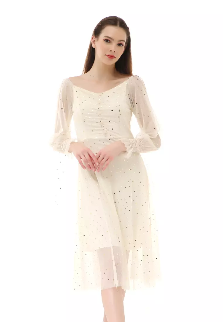 Rachel Dress Fashion Wanita Lengan Panjang Stylish Design Material Brukat ORIGINAL - Cream