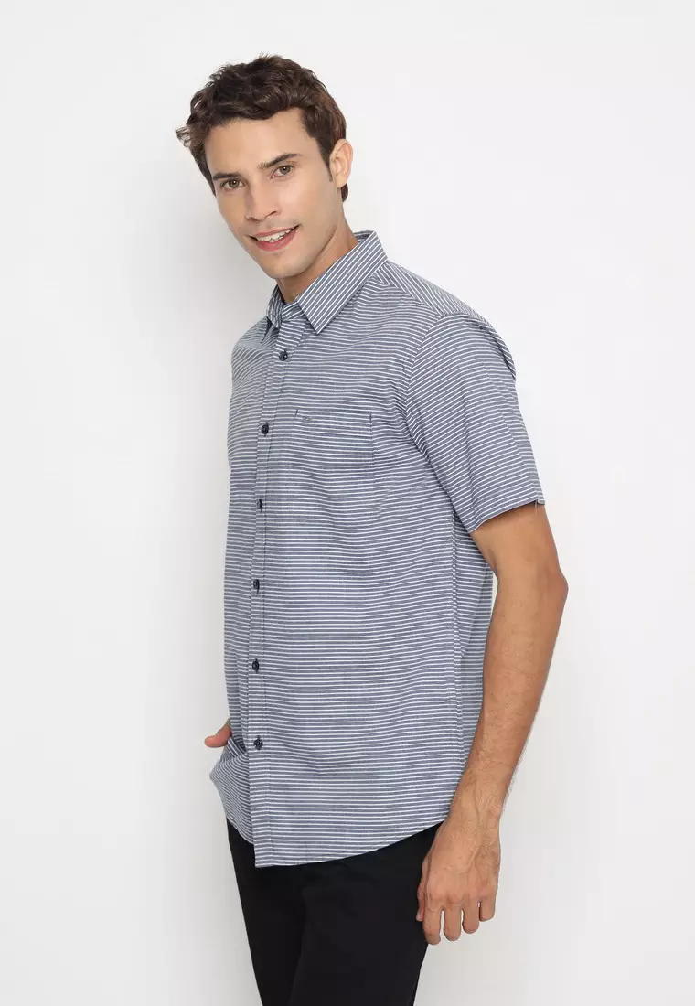 RBJ Kemeja Salur Printing Biru Regular Fit Pria