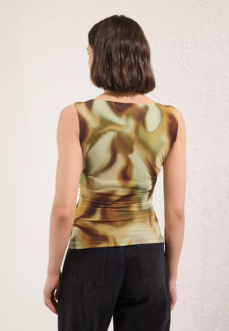 Buy Trendyol Green Abstract Patterned Fitted/Fits Body Gathered/Drape ...