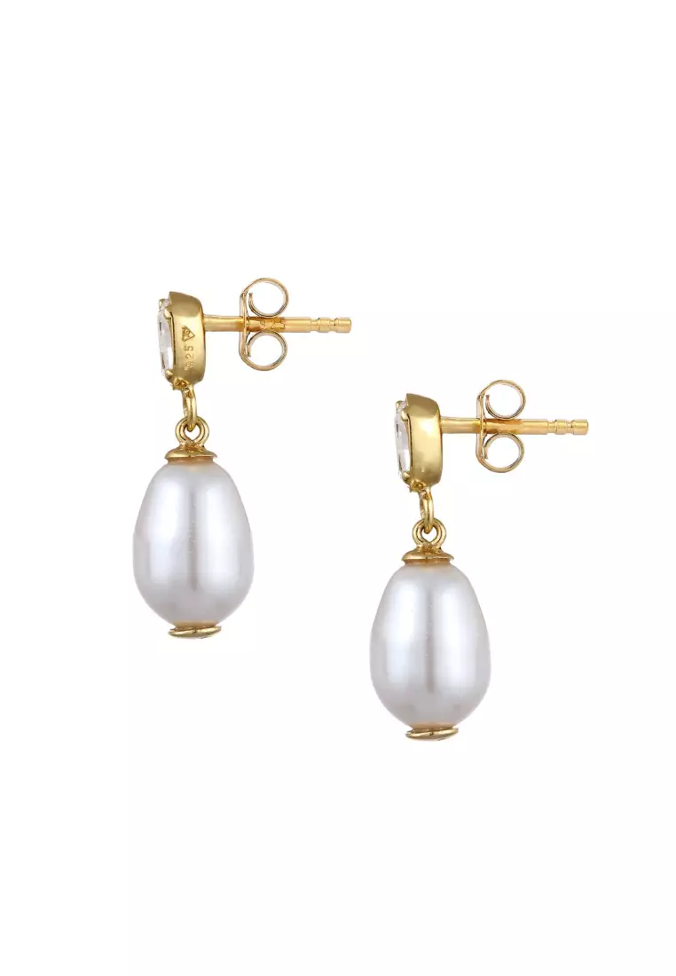 Anting Perhiasan Perak 925 Wanita White Synthetic Pearl and Crystals Gold Plated