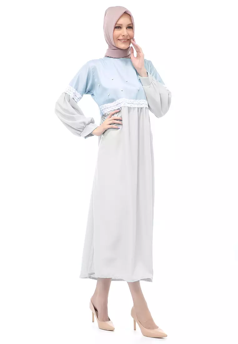 Sarinah Gamis Muslimah Panjang Atasan Wanita Motif Mutiara Regular Fit - Silver