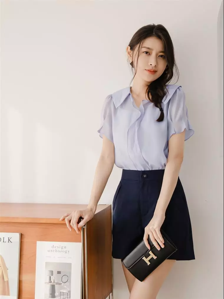 Slightly sheer ruffled collar puff sleeve top [AB18399]