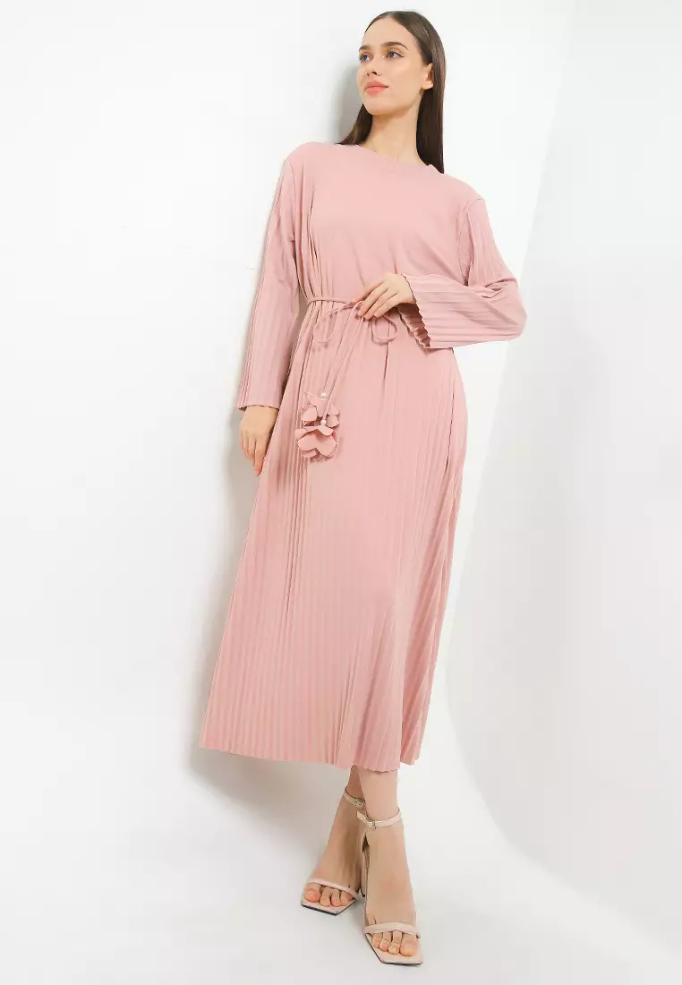 L/S Pleated A-Line Dress W/ Maxy Neck Ribbing