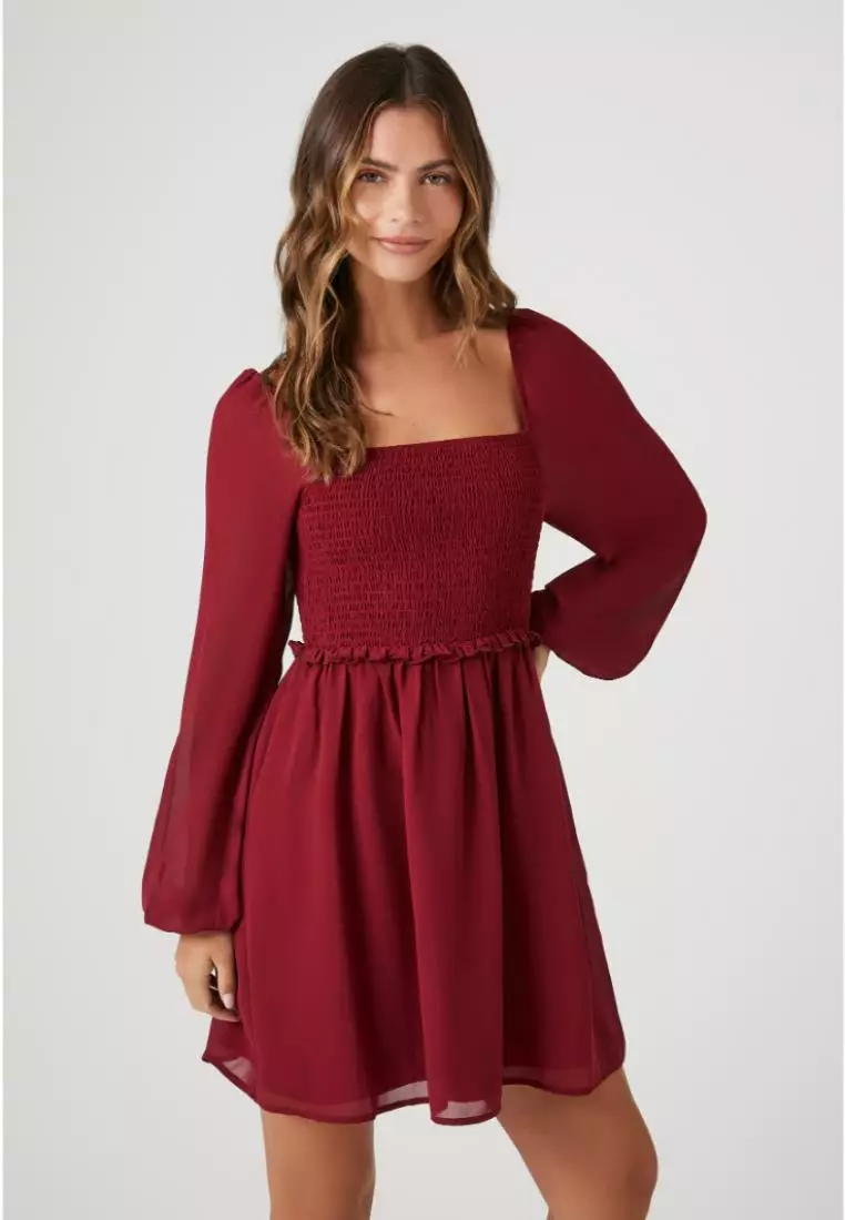 Chiffon Smocked Peasant Sleeve Mini Dress