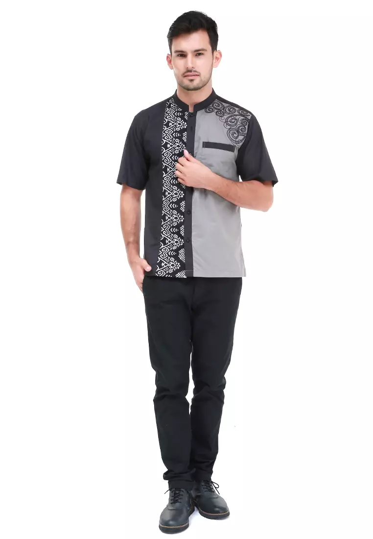 Dwan Kemeja Batik Pria Two Tone Atasan Formal Shortsleeve Shirt Material Cotton ORIGINAL - Black