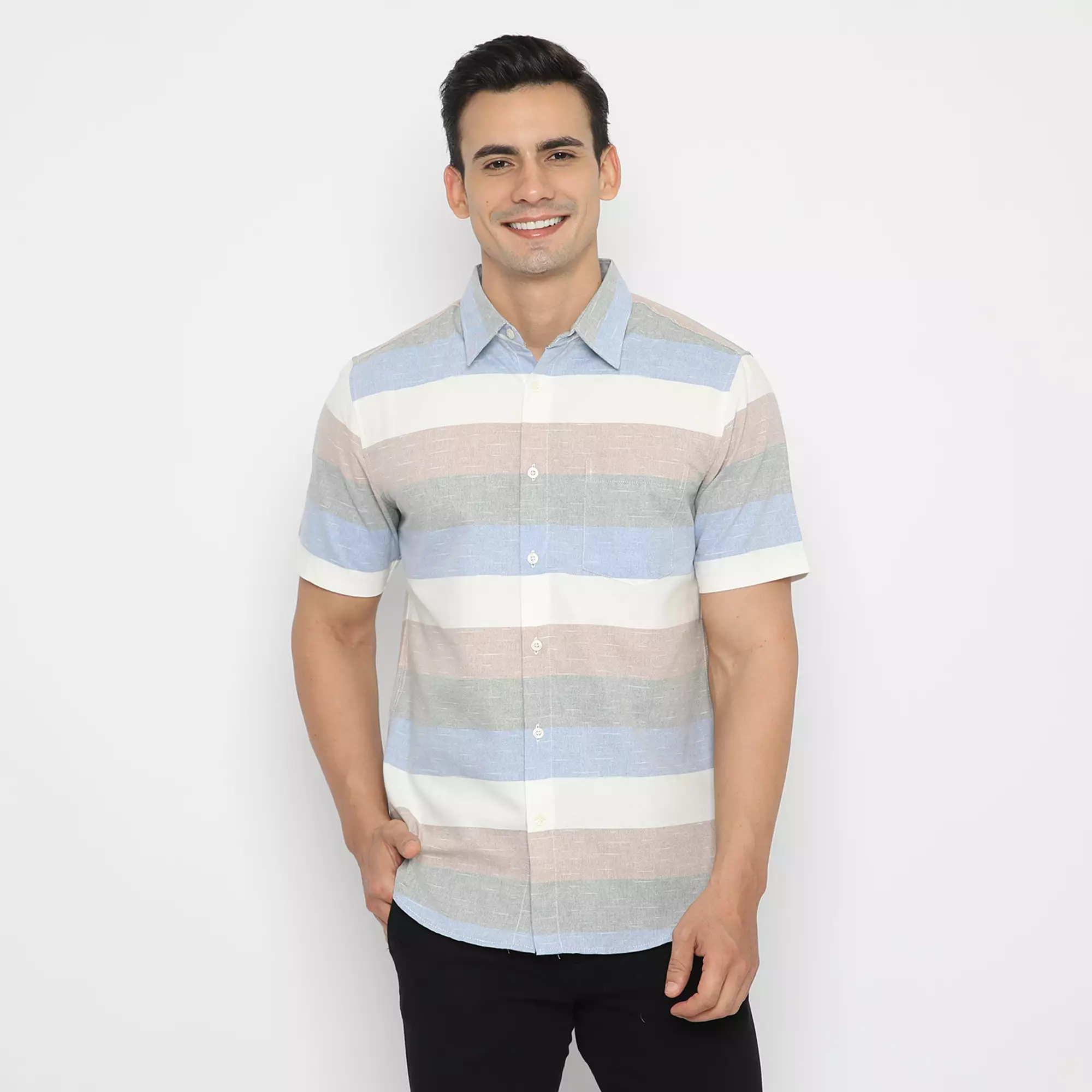 Platini Kemeja Motif Salur Pria Lengan Pendek Katun Oxford Biru 73286