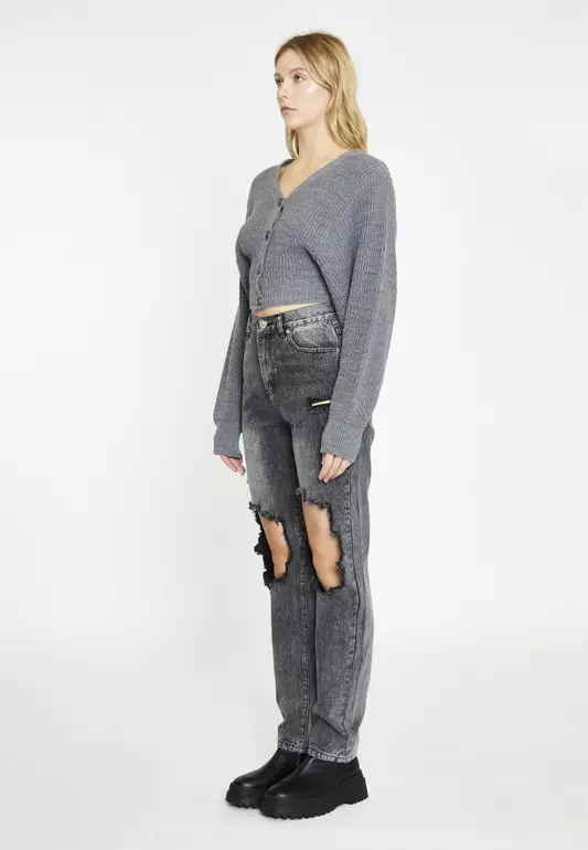 Black Acid Wash Distressed Straight High Waist Jeans