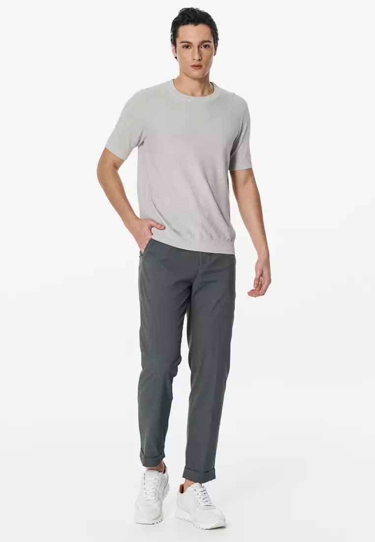 淺灰棉麻混紡紋理圓領針織衫