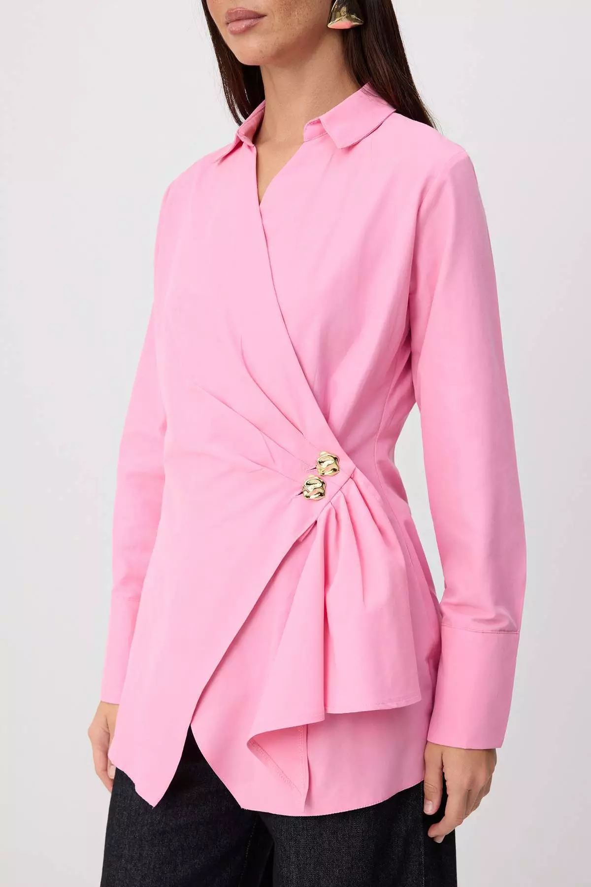 Pink Double-Breasted Regular Fit Shirt With Metal Accessory Detail