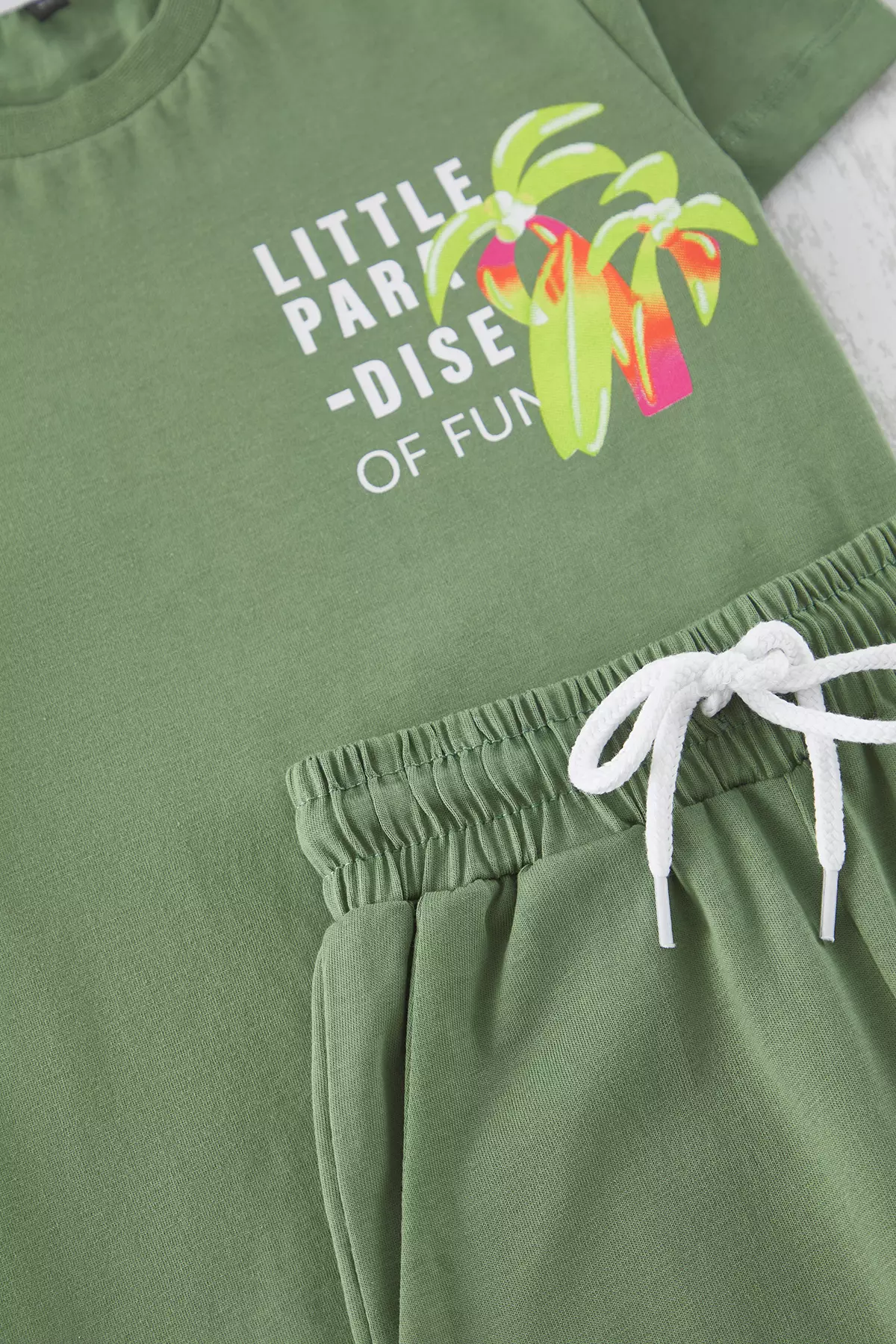 Khaki Boy's T-Shirt And Shorts Set - 100% Cotton, Tropic Print, Printed Knitted T-Shirt