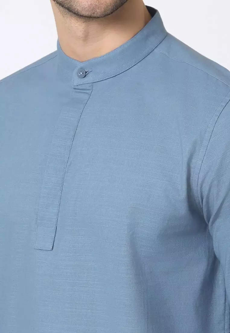 Cotton Well Oman Henley Shirt Blue │Kemeja Koko Basic Lengan Panjang Biru