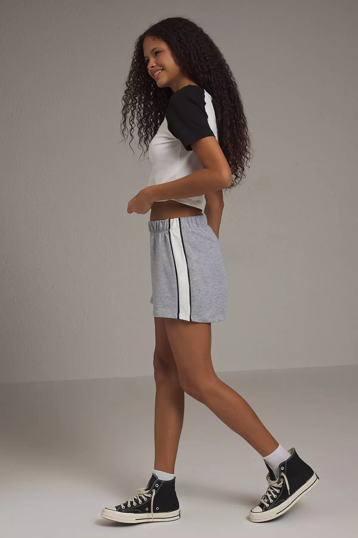 Grey Melange Color Block Mini Shorts & Bermuda TWOSS25SR00063