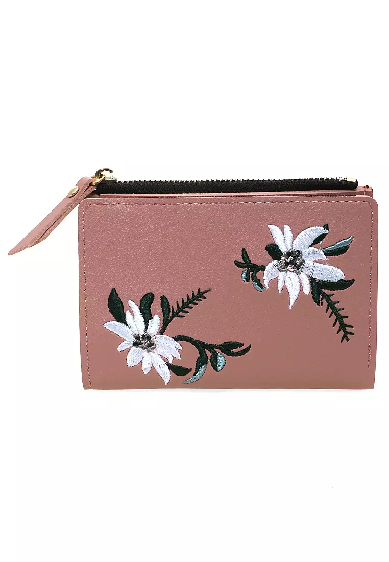 Fecesa Dompet Lipat Wanita Flower Wallet Many Slot Casual Material Kulit Leather ORIGINAL - Pink
