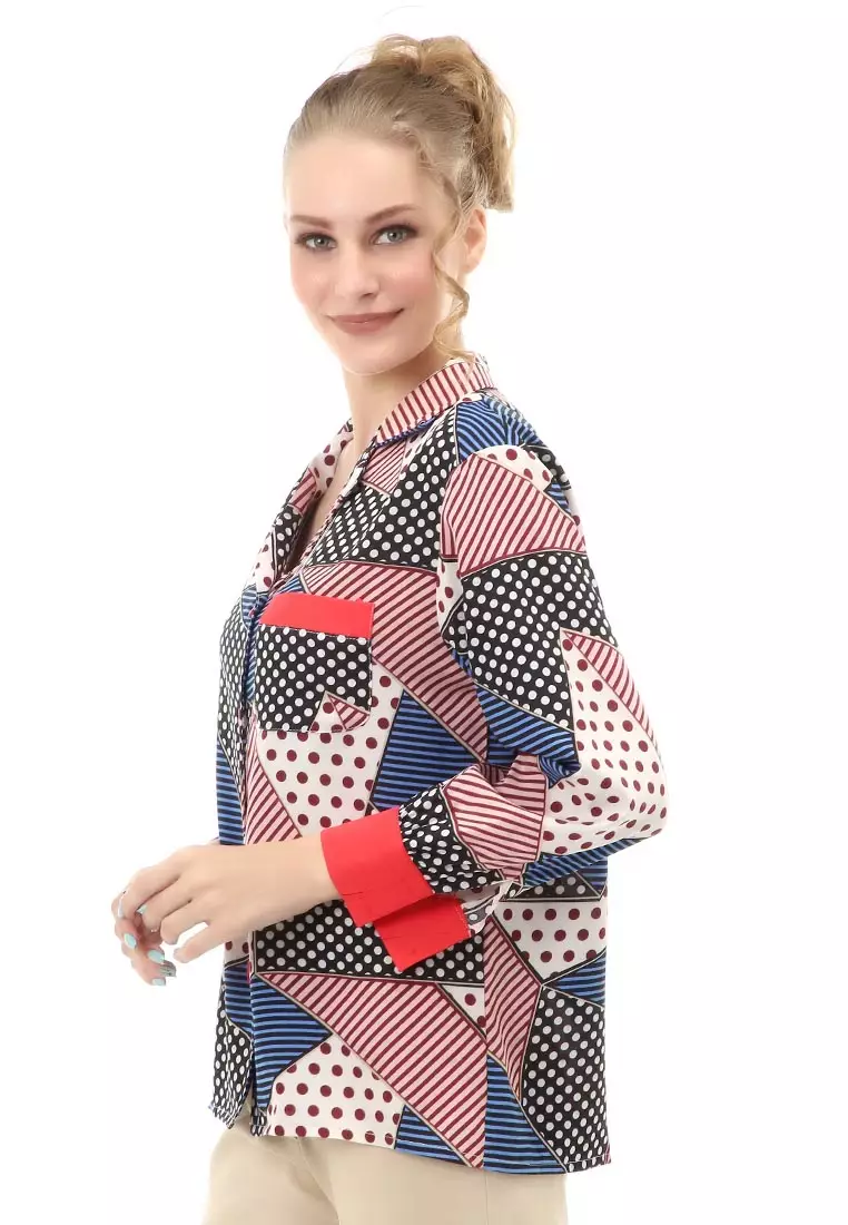 Holly Baju Atasan Kasual Wanita Kemeja Corak Lengan Panjang Material Twiscone ORIGINAL - Blue