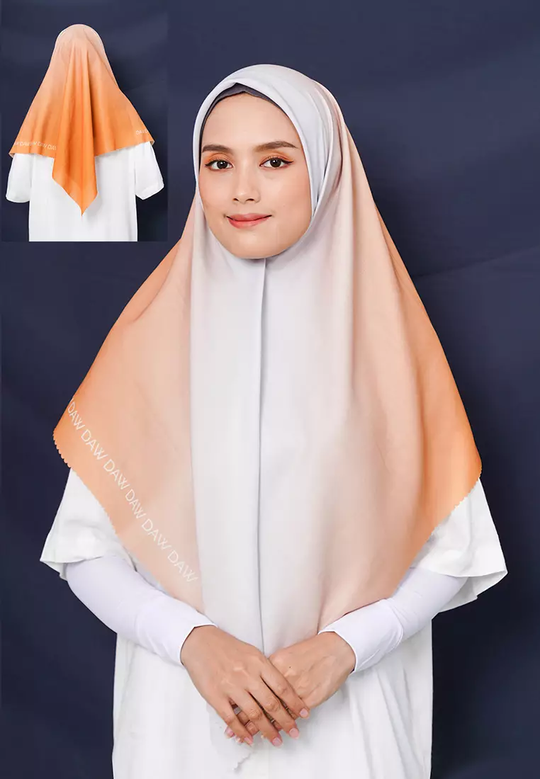 WK049 kerudung segi empat gradasi multicolor DAW Project Glow Series Darker Grey Sunkist Orange