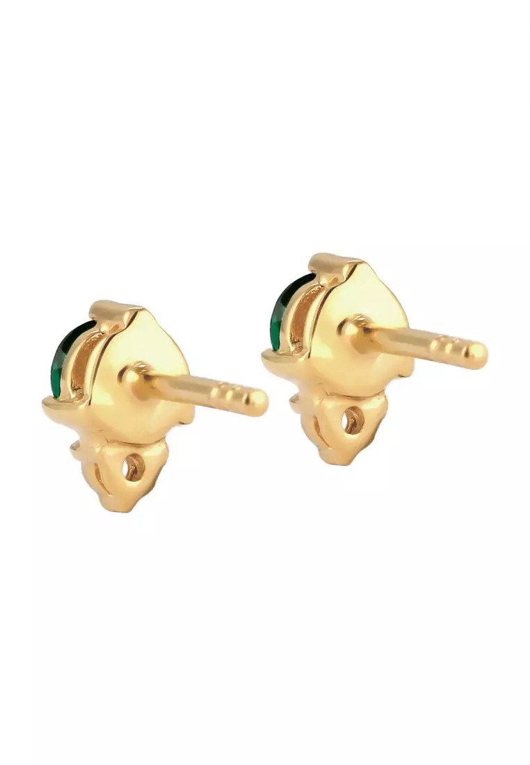 Anting Perhiasan Perak 925 Wanita Stud Circle Green Synthetic Emerald Gold Plated