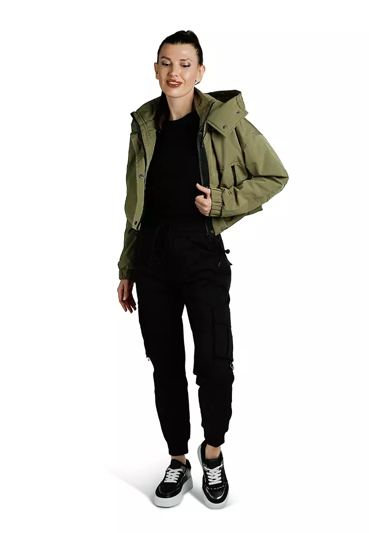 Drawstring Cropped Woven Jacket in Olive