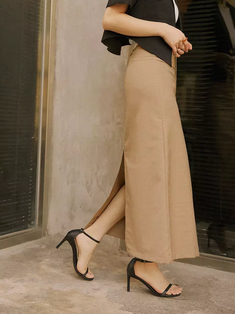 Cotton Solid Color Pocket Back Slit Straight Medium Long Skirt [CA2904]