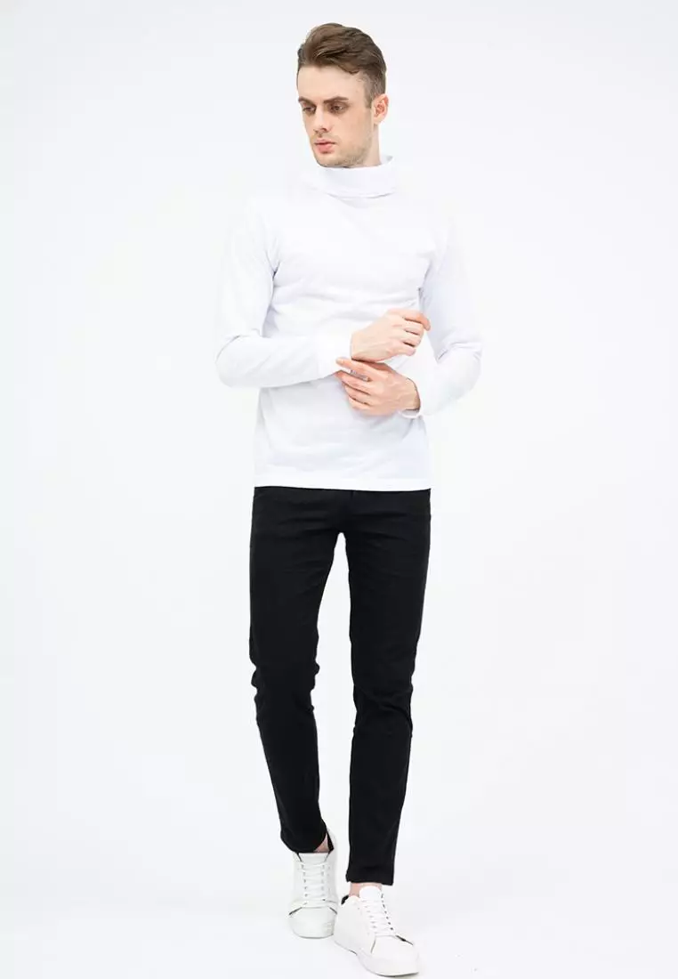 Turtle Neck pria lengan panjang putih kaos kerah tinggi slim fit houseofcuff