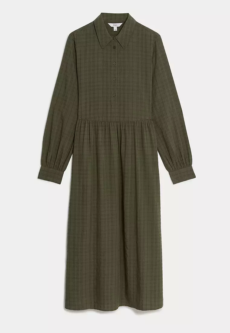 Textured Button Front Midi Shirt Dress