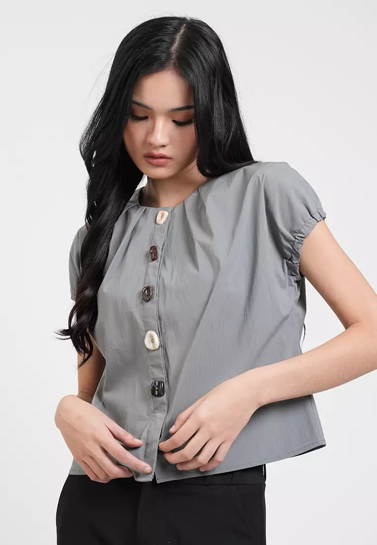 Nyra Pleated Neckline Multi-Tone Button Top