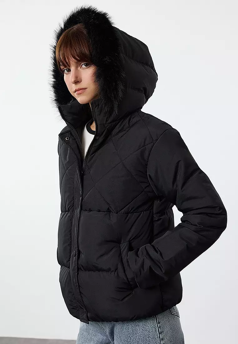 Padded Coat Long Black Coat With Black Fur Hood Blue Vanilla Black