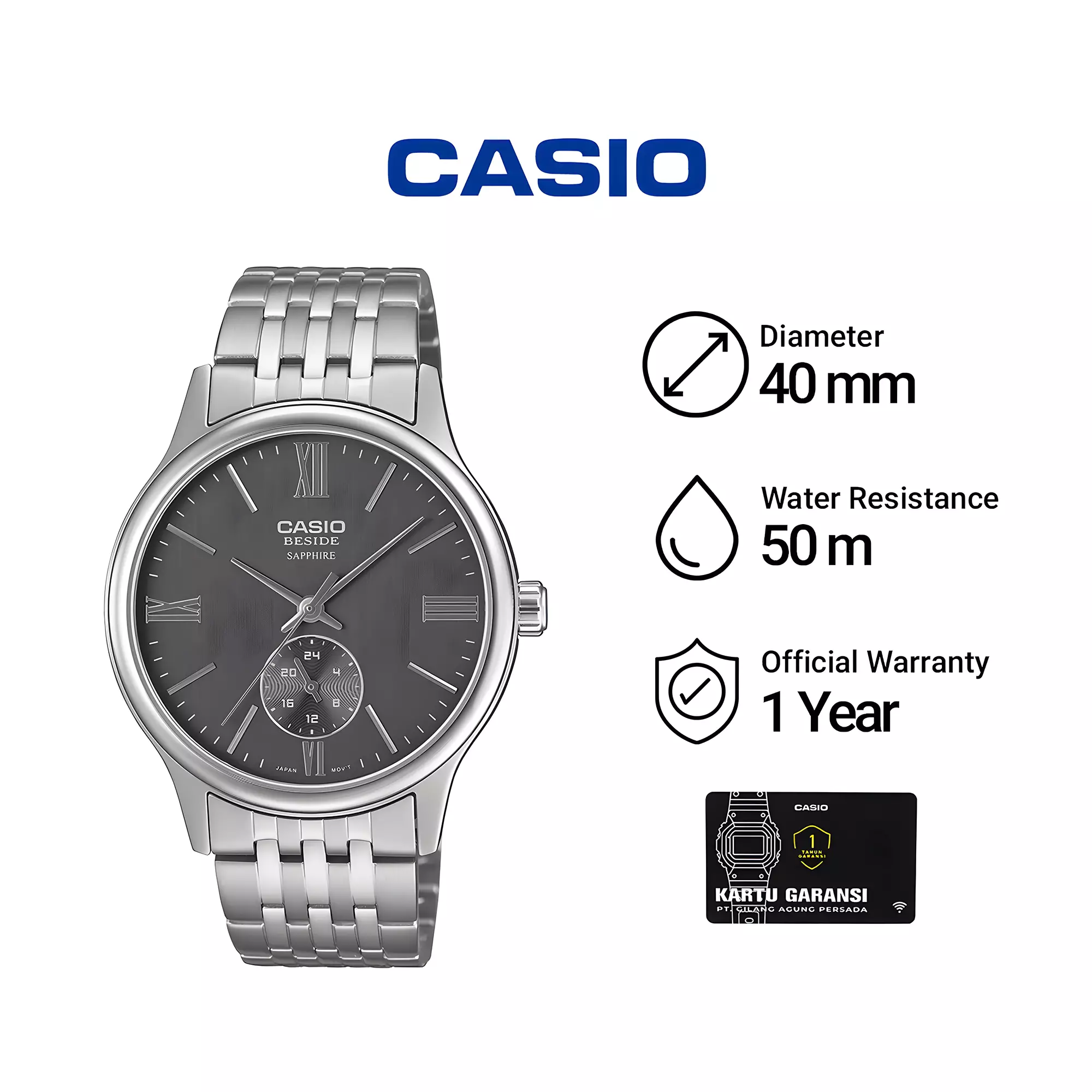 Casio Beside - Jam Tangan Analog Pria Sapphire Glass - Dark Grey Dial - All Silver Stainless Steel - BMS-100D-8AV