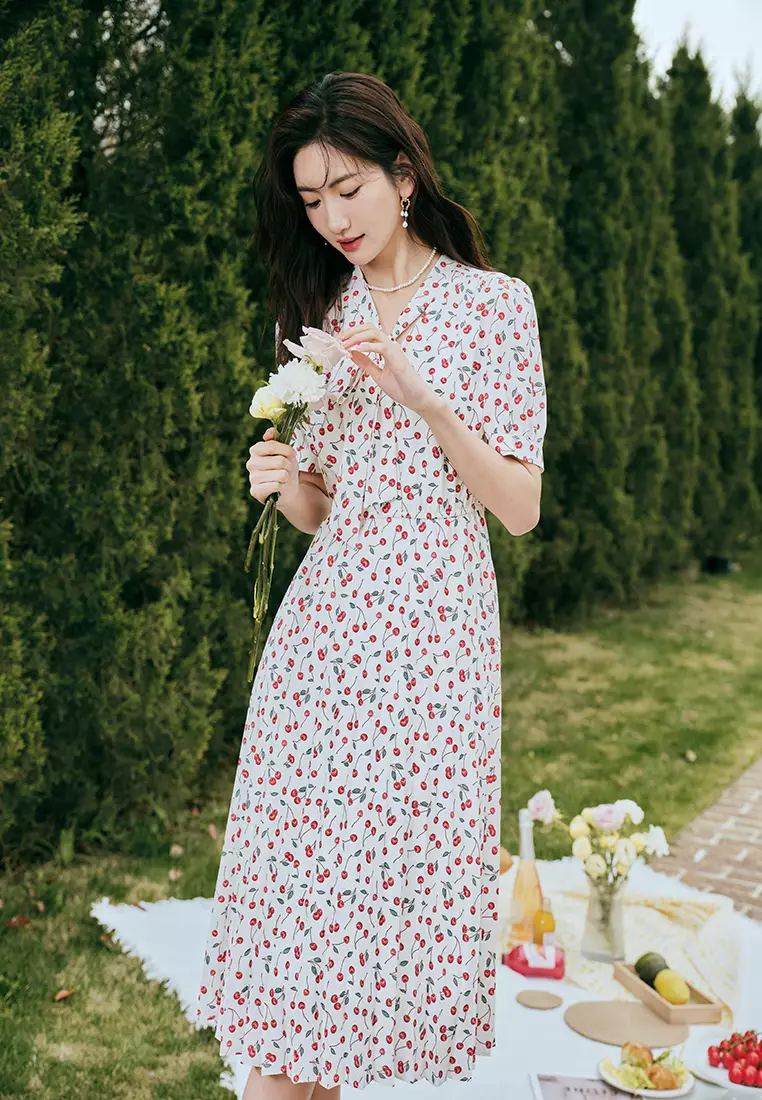 Ribbon Neck Tie Dress with Cherry Print