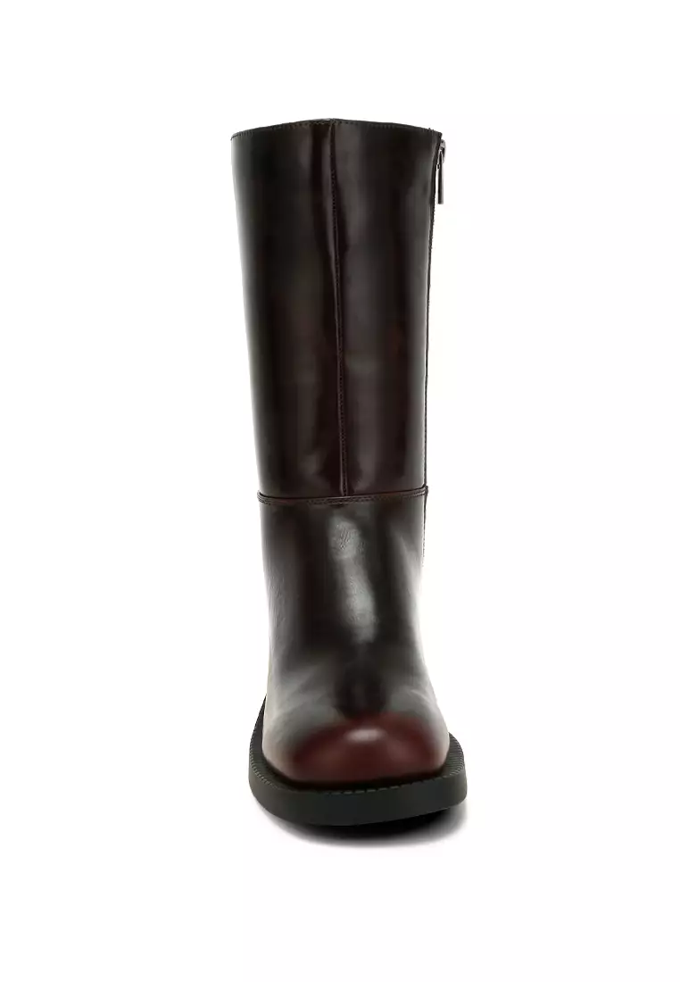 Block Heel Calf Boots in Brown
