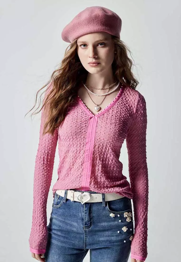 iROO V-Neck Pink Texture Top
