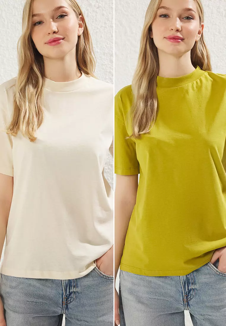 Oil Green-Light Stone 2 Pack Basic Stand Collar Knitted T-Shirt