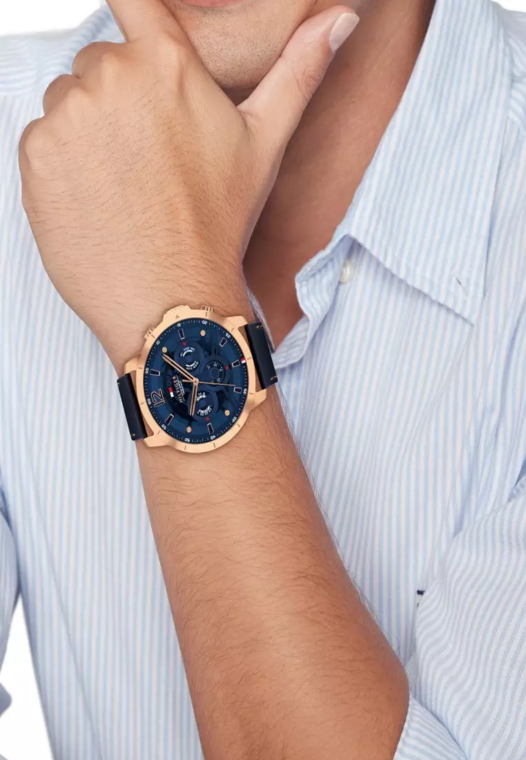 Men's Leather Strap Blue Dial Quartz Watch - TH1792206