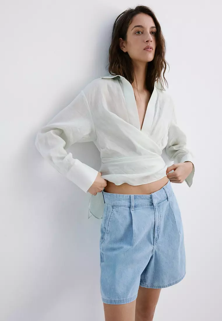 Mid-Rise Denim Bermuda Shorts With Pleats