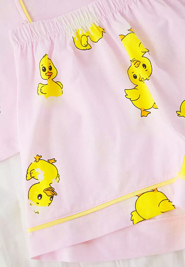 Pink 100% Cotton Duck Patterned Piping Shorts Knitted Pajama Set THMSS25PT00300