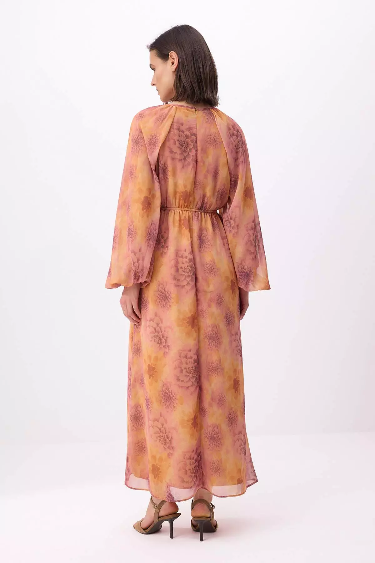 Orange Silk Chiffon Watercolor Floral Elastic Waist Lined Woven Hijab Dress Tctss26Eb00124