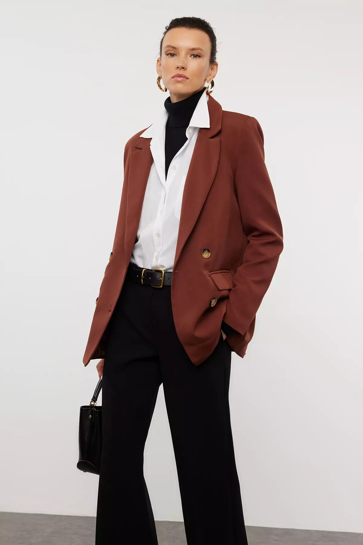 Dark Brown Regular Lined Double Breasted Closure Woven Blazer Jacket TWOAW21CE0264