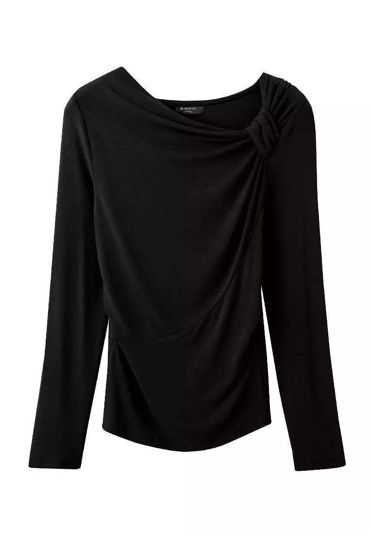 Solid Fit Long-Sleeve Top with Gathered Waist and Ruched Neckline [AB19958]