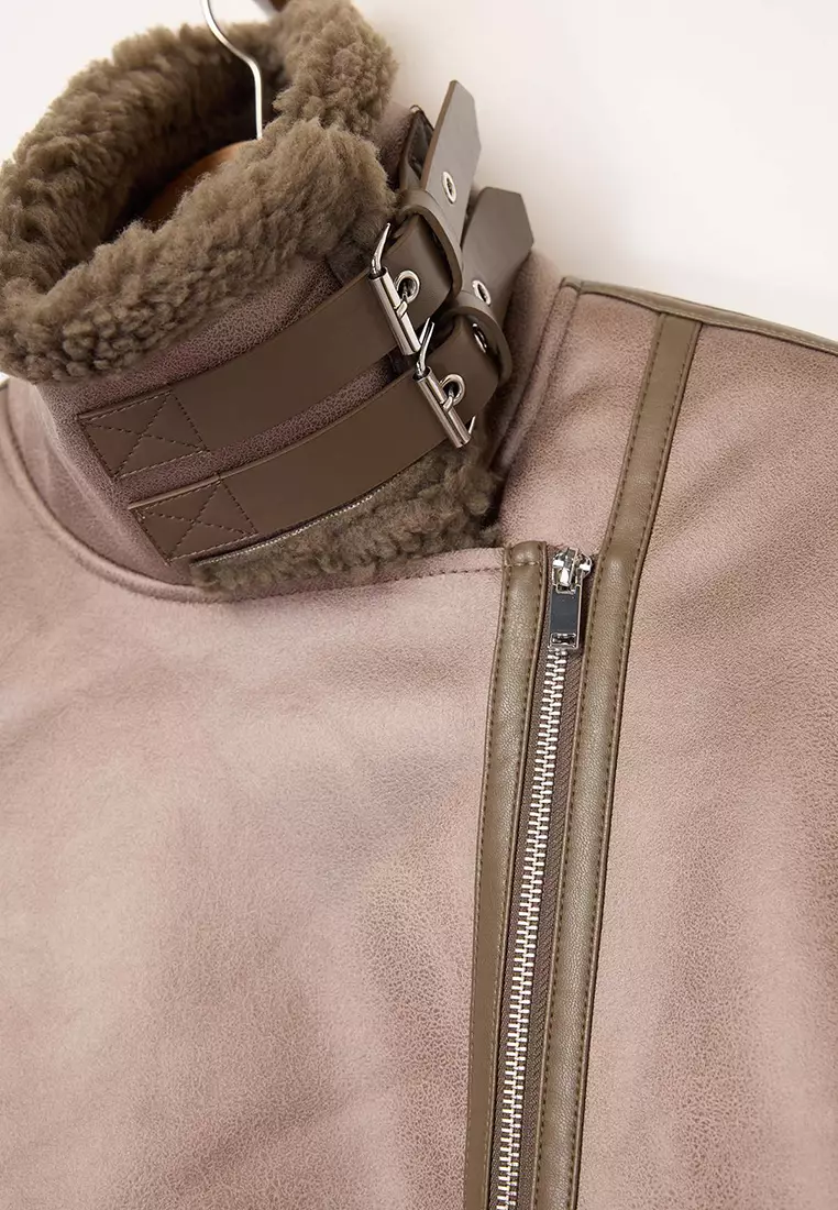 Mink Coat Collar with Belt Detail Plush Suede Biker Jacket Coat TWOAW25MO00011