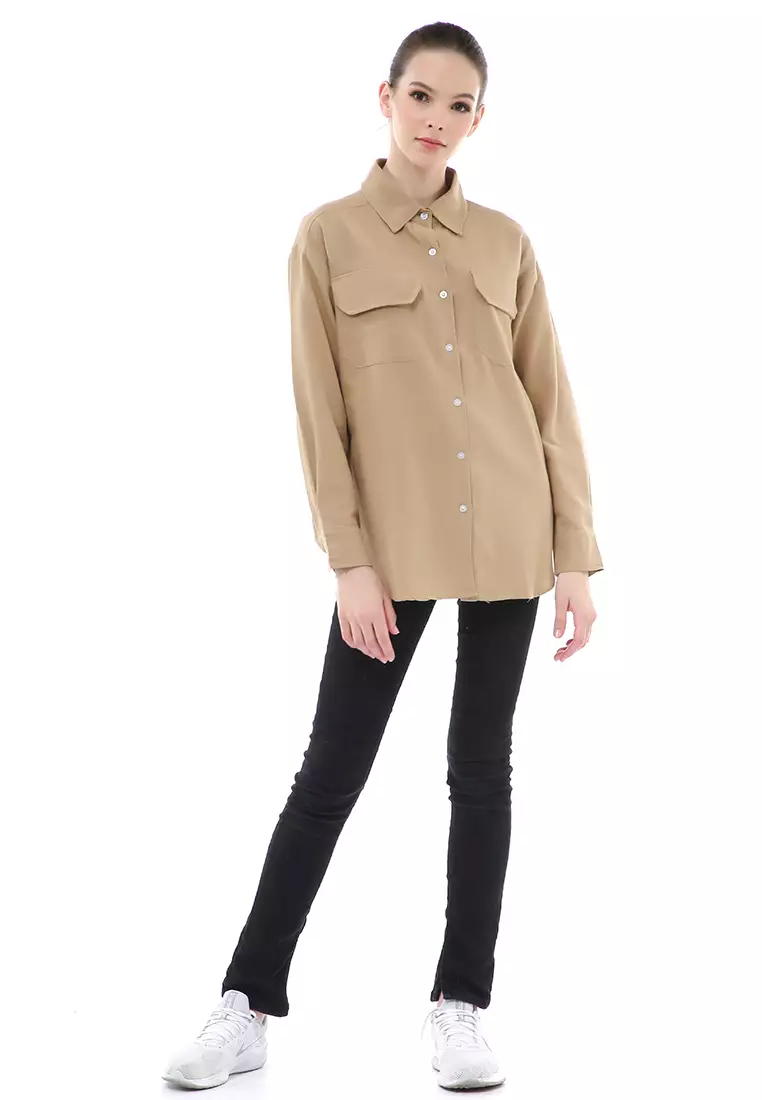 Brielle Atasan Wanita Kemeja Oversize Lengan Panjang Double Pocket Material Linen ORIGINAL - Mocca