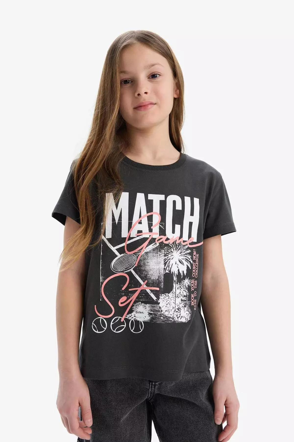 Girl's Crew Neck Printed Short Sleeve T-Shirt E0349A825Sm