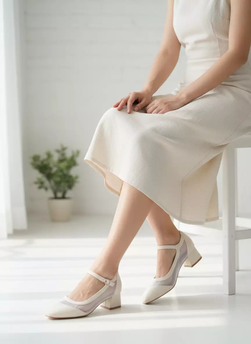 Elora Transparent Mesh Suede Block Heels Mary Jane in Beige