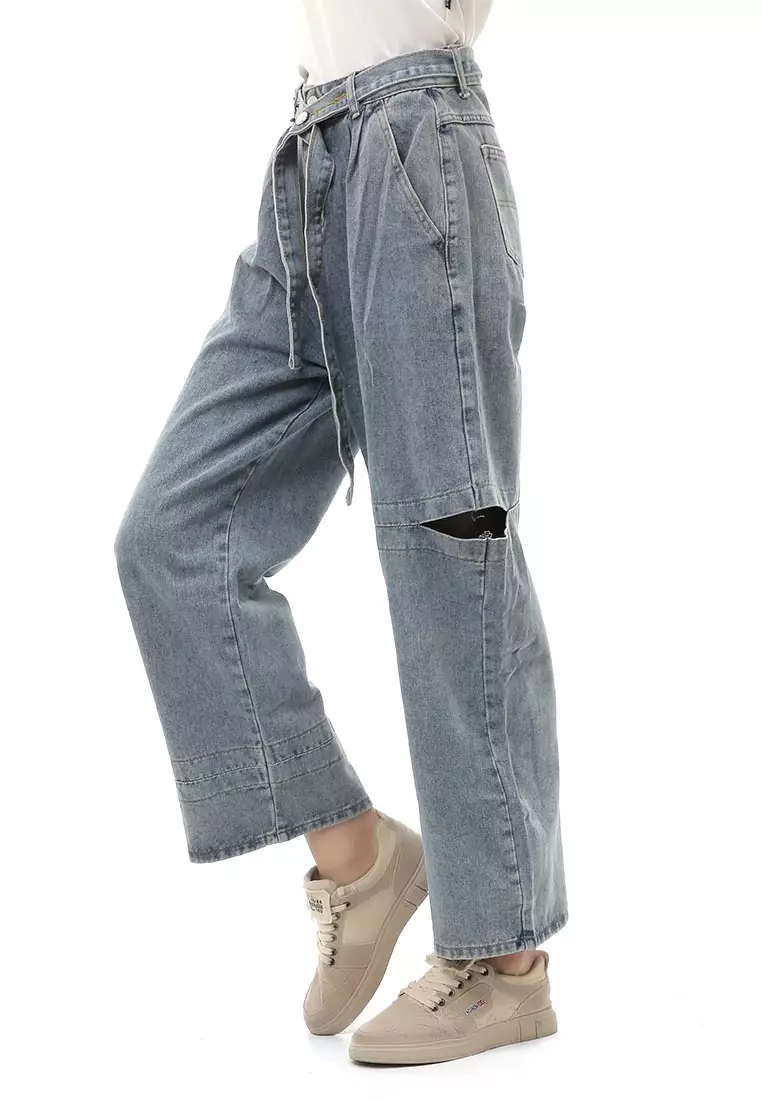 Jourel Celana Panjang Casual Highwaist Baggy Jeans Wanita Material Denim ORIGINAL - Light Blue