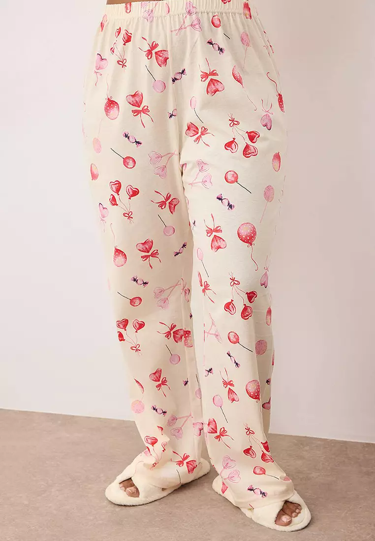 Ecru 100% Cotton Heart Patterned Shirt-Pants Knitted Pajama Set Tbbaw26Ai00017