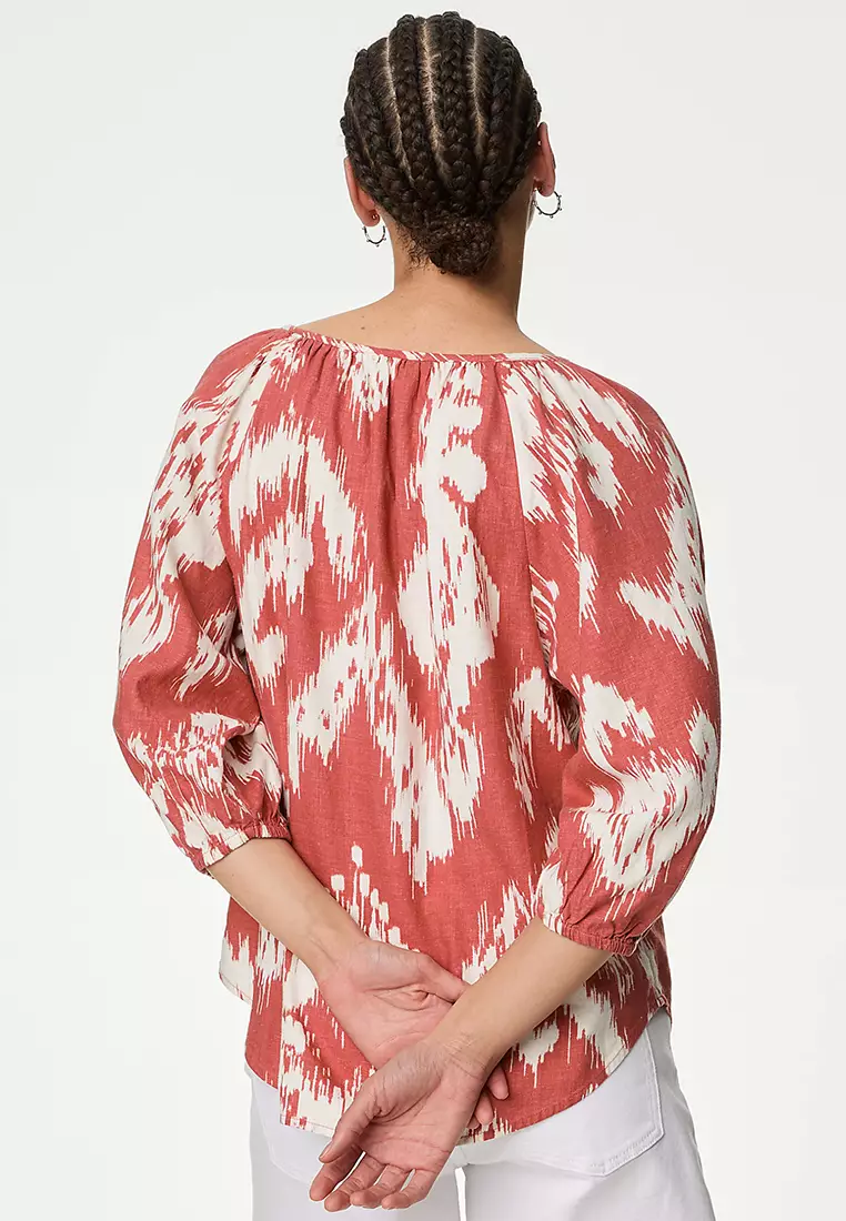 Linen Rich Printed Tie Neck Blouse
