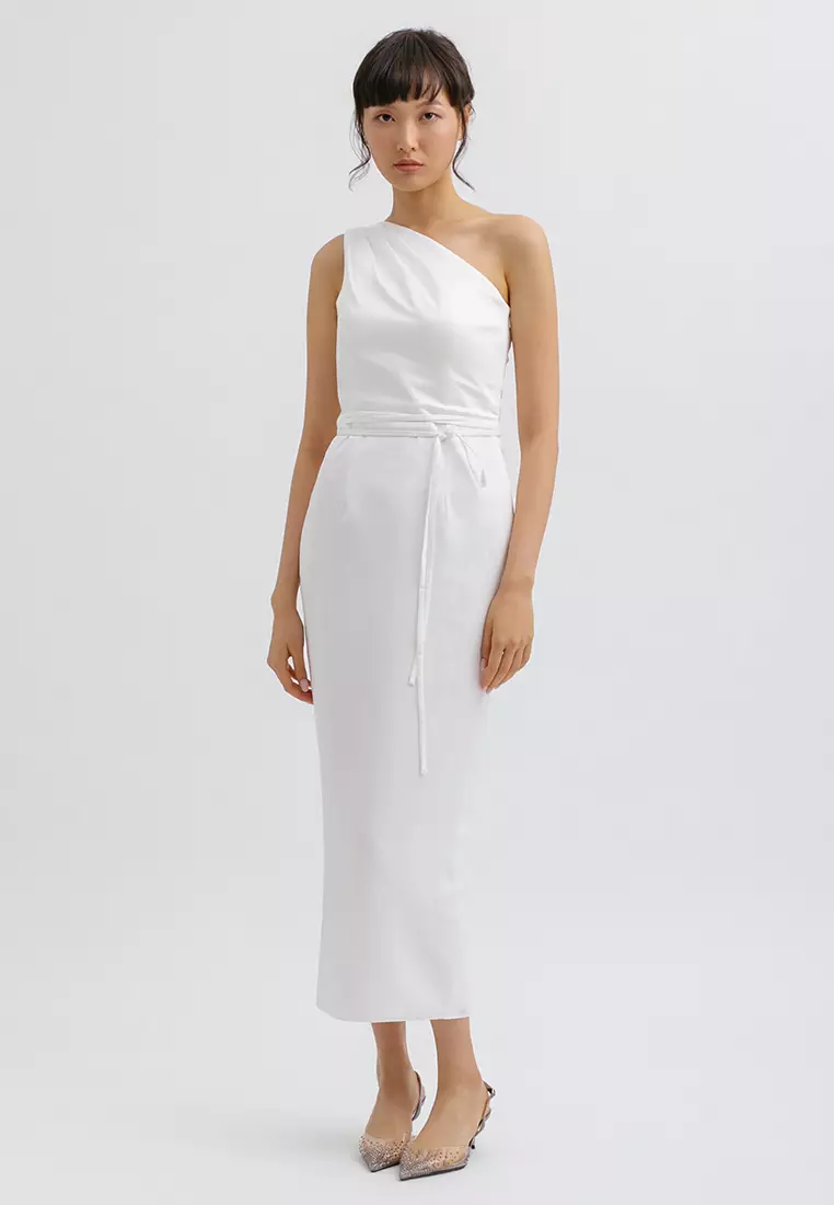 One Shoulder Tied Midi Dress in White