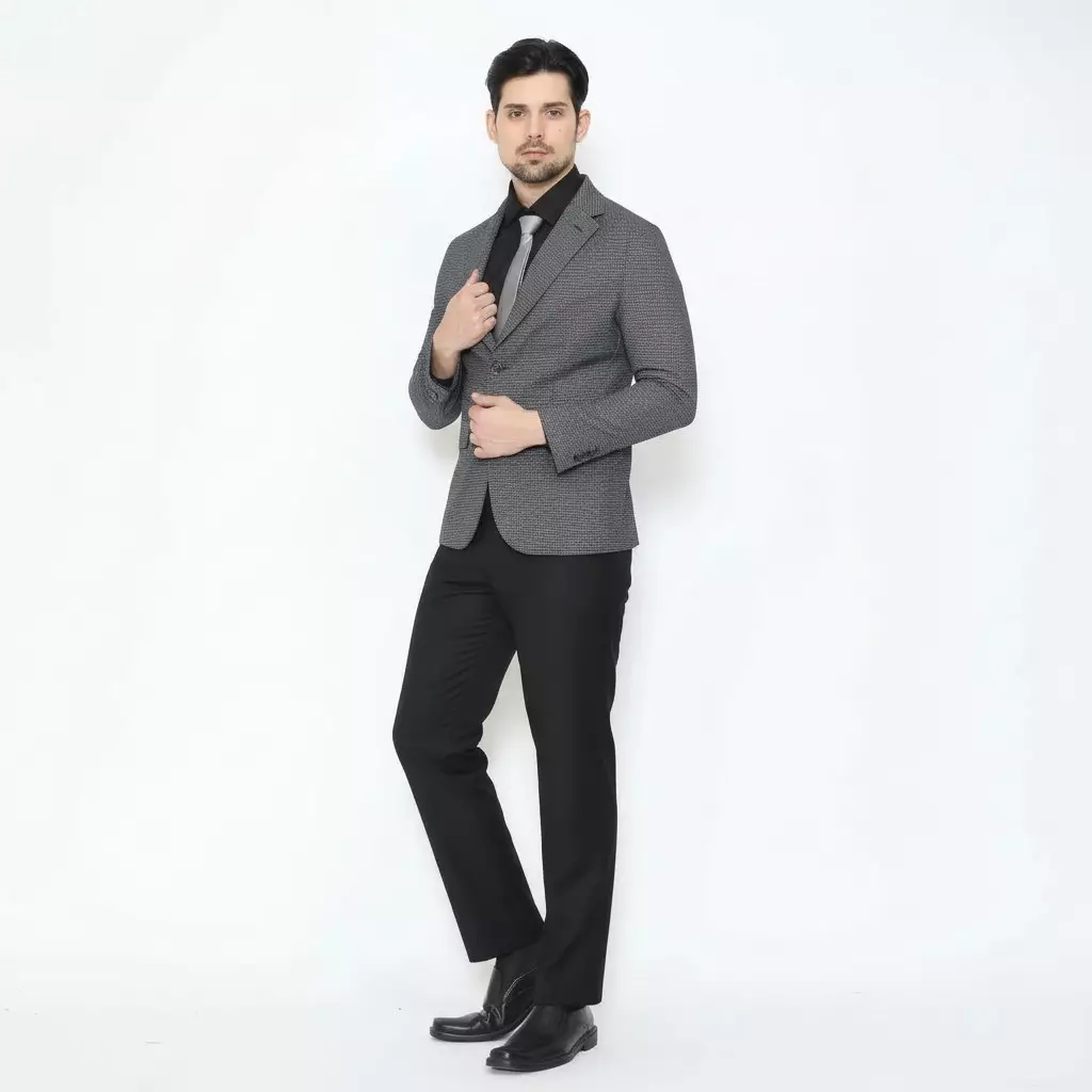 Lawell Jas Pria Formal Elegan Regular Fit – RAMSEY | Abu-Abu (Grey) | Polyester Viscose Stretch | Motif Micro Check | Jas Kerja Kantor Single Breasted Kancing 2