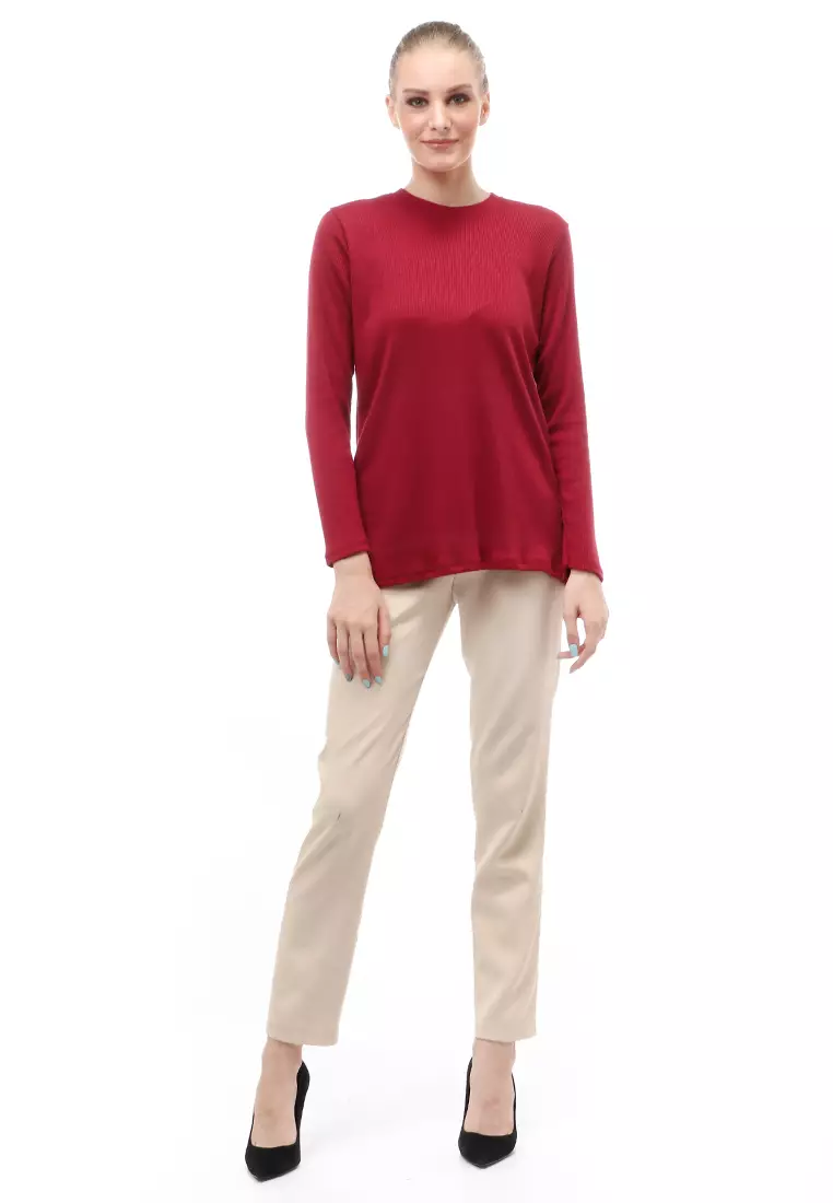 Briley Kaos Atasan Wanita Long Sleeves Motif Salur Relaxed Fit - Maroon